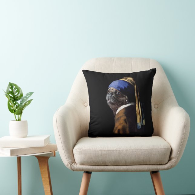 Vermeer Spoof Pug  Dog With A Pearl Earring Accent Throw Pillow (Chair)
