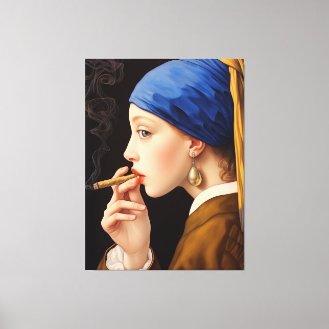 Vermeer's Girl with a Pearl Earring Smoking Canvas Print (Front)