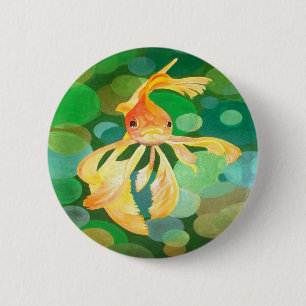 Vermilion Goldfish Swimming In Green Bubbles 2 Inch Round Button