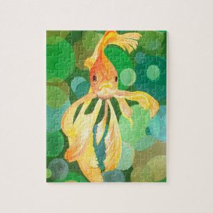 Vermilion Goldfish Swimming In Green Bubbles Jigsaw Puzzle