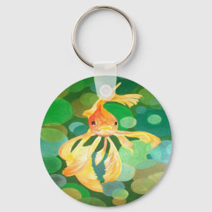Vermilion Goldfish Swimming In Green Bubbles Keychain