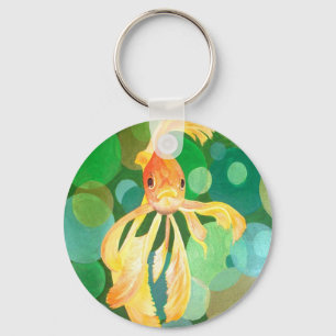 Vermilion Goldfish Swimming In Green Bubbles Keychain