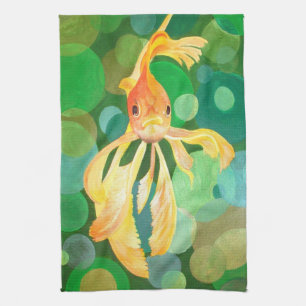 Vermilion Goldfish Swimming In Green Bubbles Kitchen Towel
