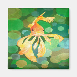 Vermilion Goldfish Swimming In Green Bubbles Magnet