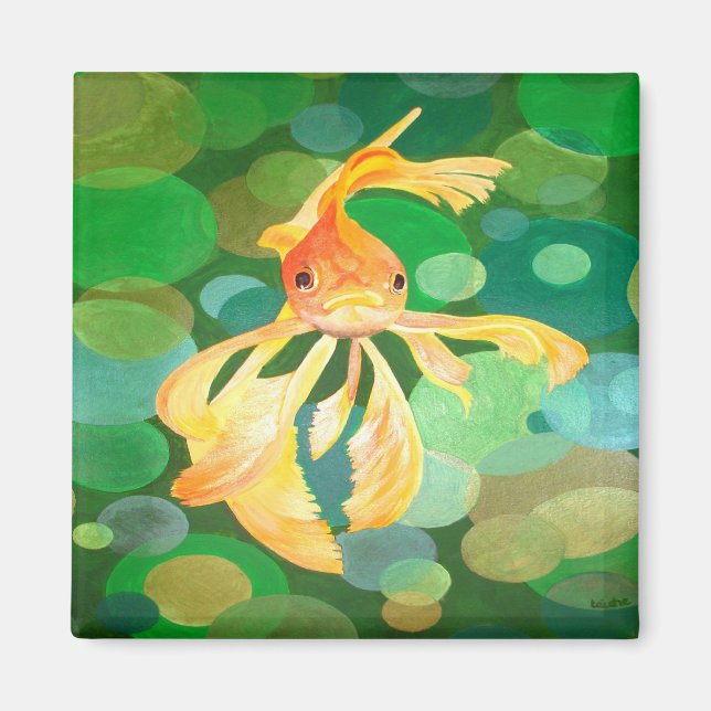Vermilion Goldfish Swimming In Green Bubbles Magnet (Front)