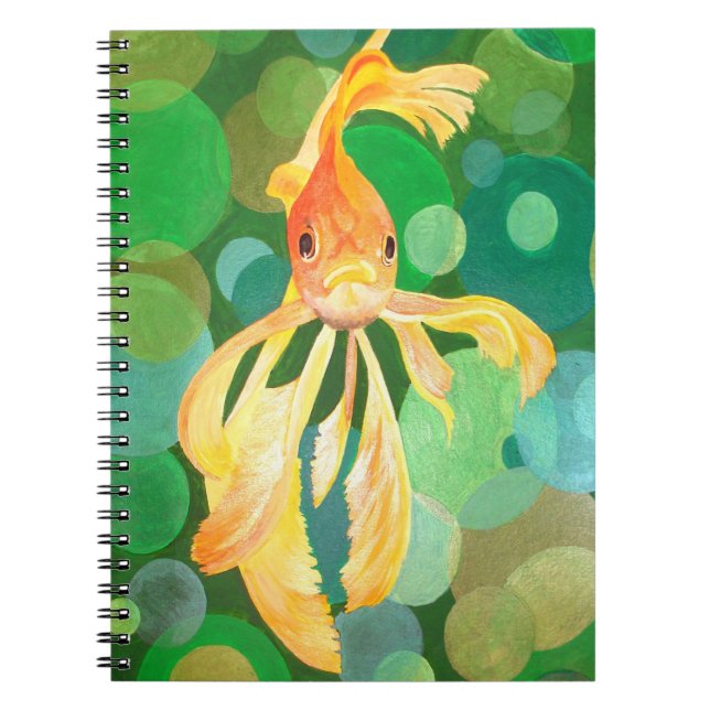 Vermilion Goldfish Swimming In Green Bubbles Notebook (Front)