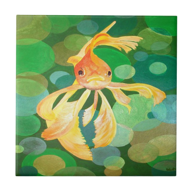 Vermilion Goldfish Swimming In Green Bubbles Tile (Front)