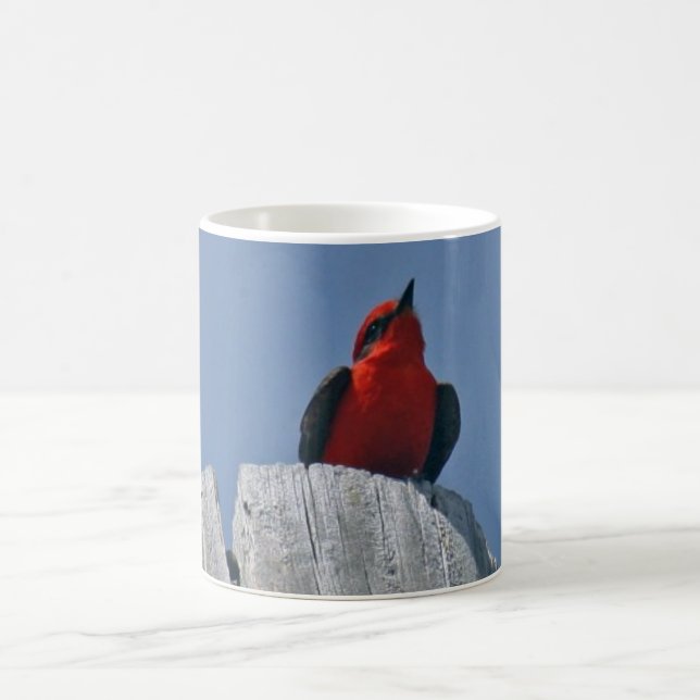 Vermillion Flycatcher against blue sky coffee mug (Center)