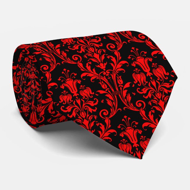 Vermillion Red Black Floral Damask Tie (Rolled)