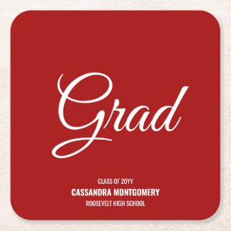 Vermillion Red Modern Graduation Party Square Paper Coaster