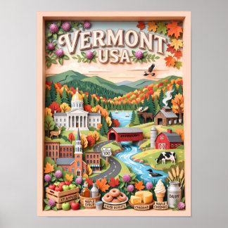 Vermont Fall Travel New England Nature Landmarks Poster