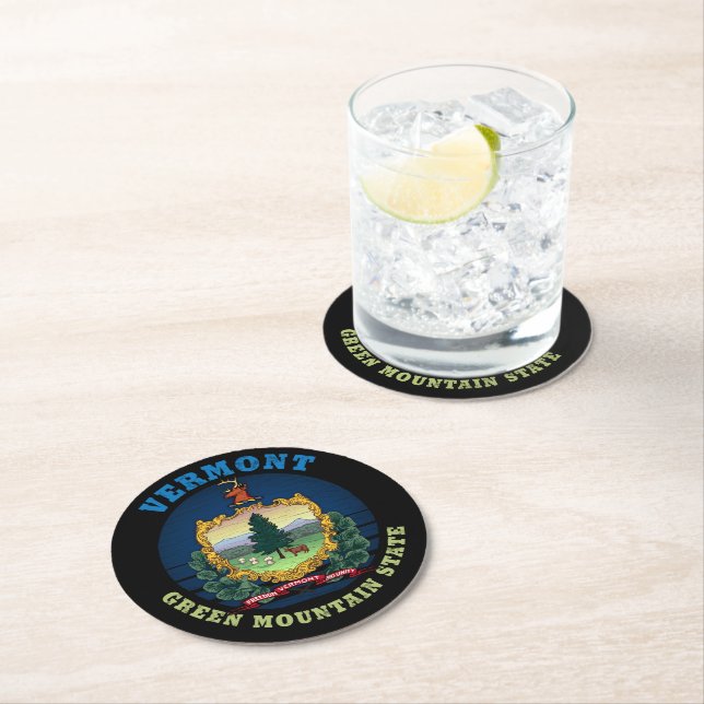 VERMONT GREEN MOUNTAIN STATE FLAG ROUND PAPER COASTER (Insitu)