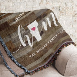 Vermont Home State Personalized Rustic Wood Look Throw Blanket<br><div class="desc">Show some home state pride with this cute rustic faux wood plank throw blanket featuring "home" in white calligraphy script lettering with a silhouette map of the state of Vermont standing in for the letter "O." A pink heart illustration inside the state map completes the design; you can change the...</div>