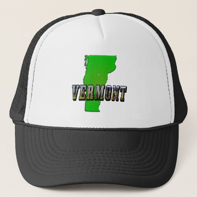 Vermont Map Outline and Picture Text Trucker Hat (Front)
