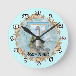 Vermont Shells Lighthouse Round Clock