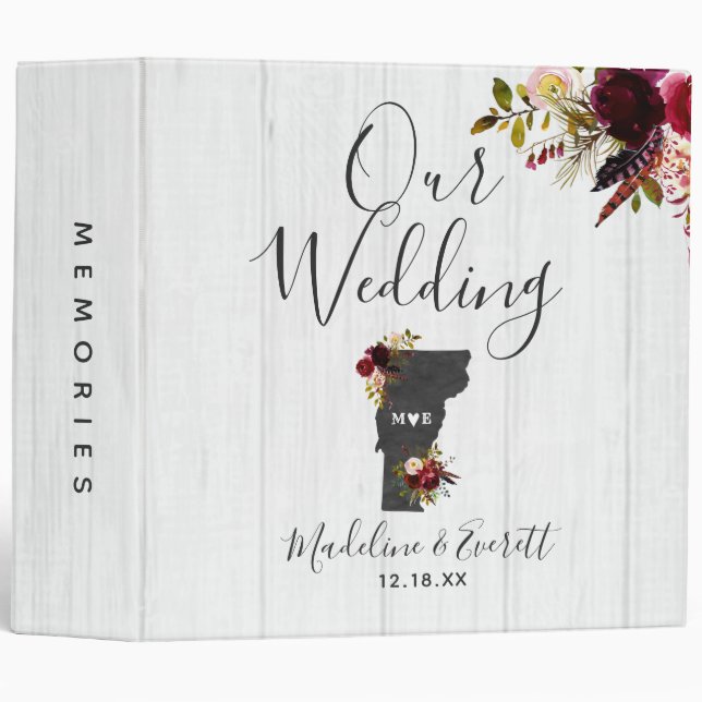 Vermont State Destination Wedding Photo Album Binder (Front/Spine)