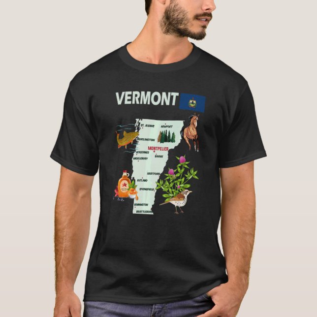 Vermont State Map  Symbols Major Cities Flag Usa T-Shirt (Front)