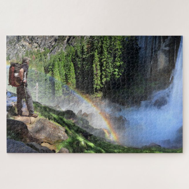 Vernal Fall Hiker and Rainbow Detail - Yosemite Jigsaw Puzzle (Horizontal)