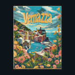 Vernazza Cinque Terre Italy Postcard<br><div class="desc">A captivating and nostalgic depiction of Vernazza, one of the picturesque villages in Italy's Cinque Terre. The design captures the vibrant pastel-coloured houses clinging to the cliffs, the charming harbour filled with fishing boats, and the rugged coastline meeting the azure waters of the Mediterranean Sea. Rendered in a vintage style,...</div>