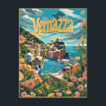 Vernazza Cinque Terre Italy Postcard<br><div class="desc">A captivating and nostalgic depiction of Vernazza, one of the picturesque villages in Italy's Cinque Terre. The design captures the vibrant pastel-coloured houses clinging to the cliffs, the charming harbour filled with fishing boats, and the rugged coastline meeting the azure waters of the Mediterranean Sea. Rendered in a vintage style,...</div>