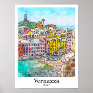 Vernazza Italy Travel Watercolor Sketch Hand Drawn Poster
