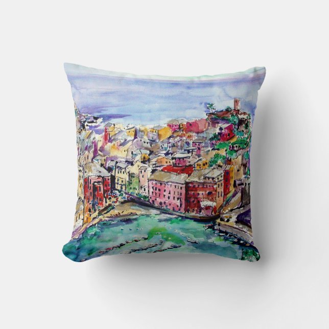 Vernazza Italy Watercolor Art Pillow (Front)