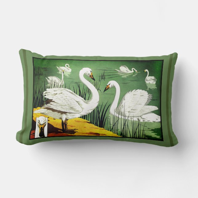 Verneuil Art Nouveau Design of Wild Swans Lumbar P Lumbar Pillow (Front)