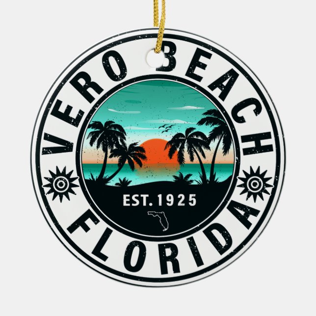 Vero Beach Florida Palm Tree Retro Sunset Souvenir Ceramic Ornament (Front)