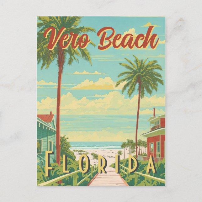 Vero Beach Florida Vintage Palm Tree Beach Postcard (Front)