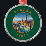Verona Italy Retro Distressed Circle Metal Ornament<br><div class="desc">Verona retro vector travel design. Verona is a city in northern Italy’s Veneto region,  with a medieval old town built between the meandering Adige River. It’s famous for being the setting of Shakespeare’s "Romeo and Juliet."</div>