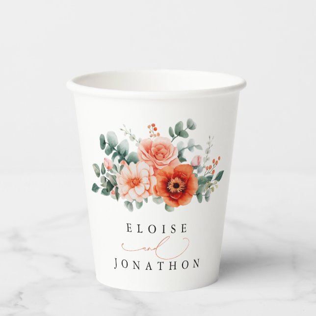 Verona Sunset Bright Orange Modern Floral Wedding Paper Cups (Front)