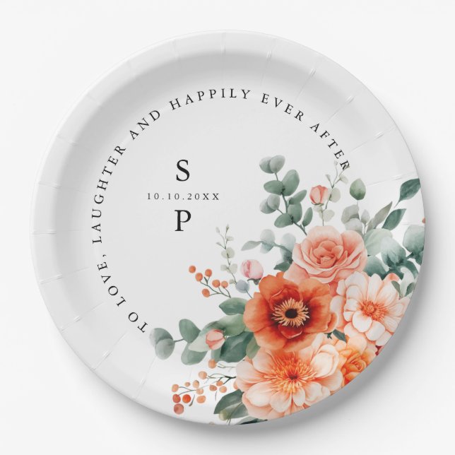 Verona Sunset Bright Orange Modern Floral Wedding Paper Plate (Front)