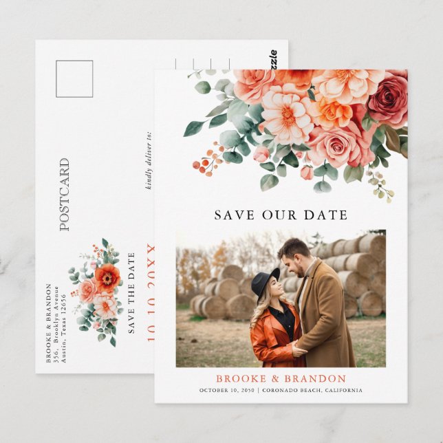 Verona Sunset Bright Orange Modern Floral Wedding Postcard (Front/Back)