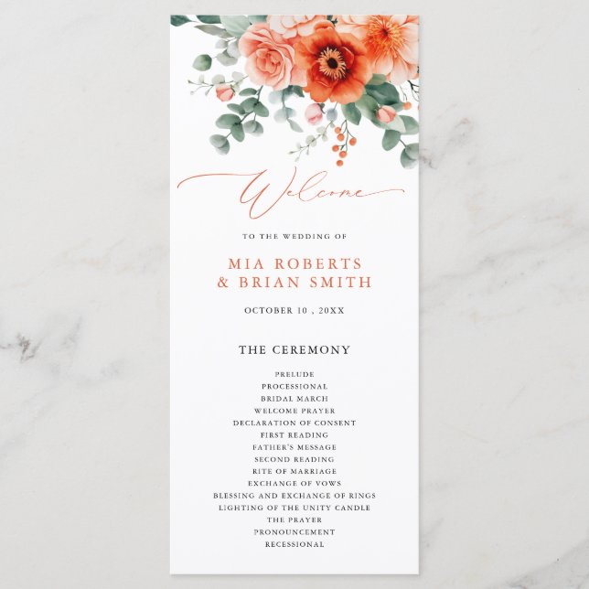 Verona Sunset Bright Orange Modern Floral Wedding Program (Front)