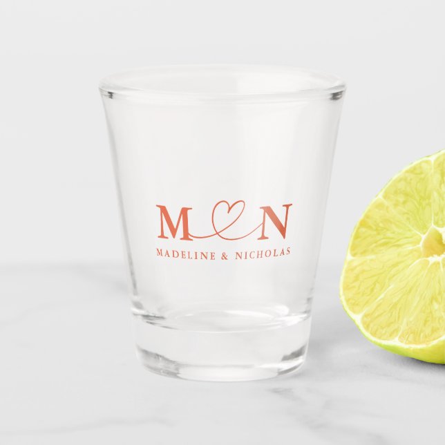 Verona Sunset Doodle Heart Loop Monogram Wedding Shot Glass (Front)