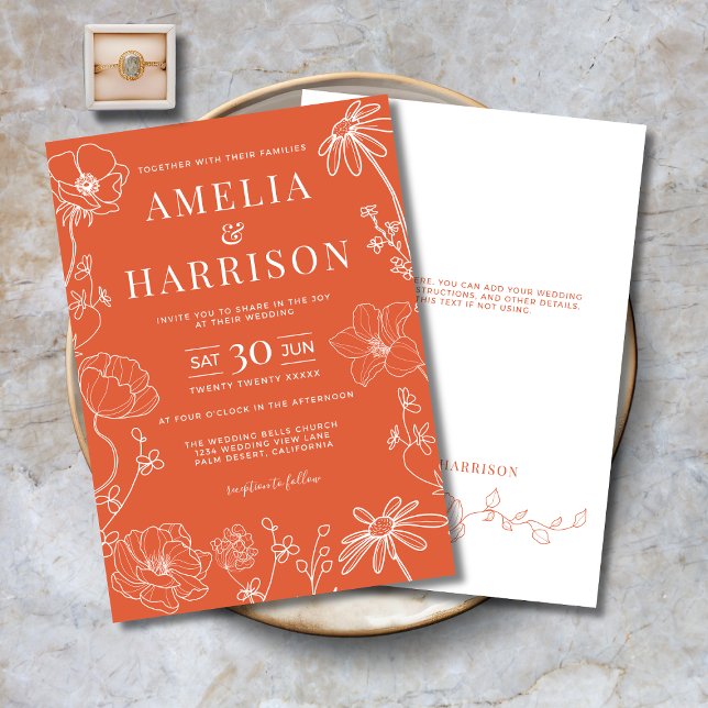 Verona Sunset Orange Floral Line Art Wedding Invitation (Verona Sunset Orange Floral Line Art Wedding Invitation with Optional Text on Back.)