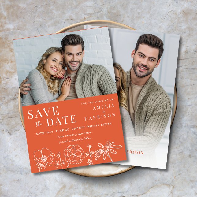 Verona Sunset Orange Floral Two Photo Wedding Save The Date (Verona Sunset Orange Floral Two Photo Wedding Save the Date with Line Art Flowers.)