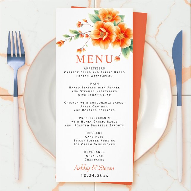 Verona sunset orange flowers wedding menu card (Creator Uploaded)