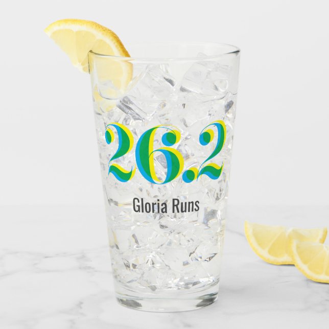 Verre 26.2 Marathon courrant un texte bleu gras jaune (Devant glace)