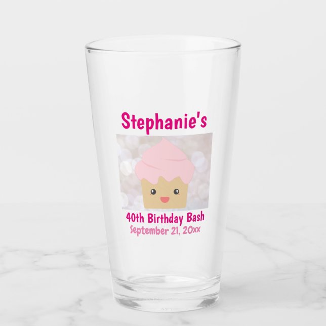 Verre 40e Anniversaire Favoriser Cute Rose Cupcake Beer  (Devant)