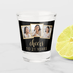 Verre A Shot 21e anniversaire 3-Photo Black Gold Script Cheers