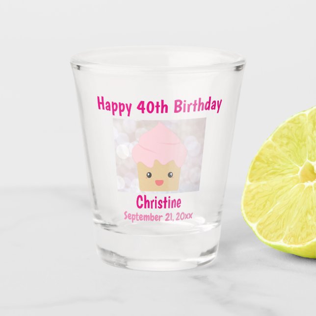 Verre A Shot 40e anniversaire heureux mignon Cupcake rose Souve (Devant)