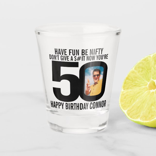 Verre A Shot 50e anniversaire noir blanc photo drôle photo verr (Devant)