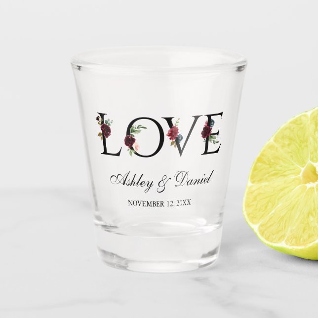 Verre A Shot Amour Aquarelle Florale Bourgogne Mariage bleu (Devant)