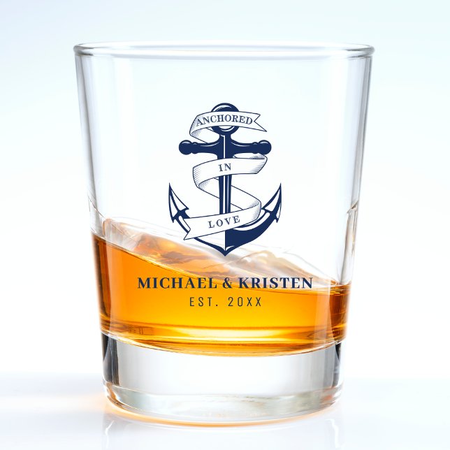 Verre A Shot Ancré dans l'amour Ancre bleue marine Mariage  (Anchored in Love Nautical Blue Anchor Wedding Shot Glass
)