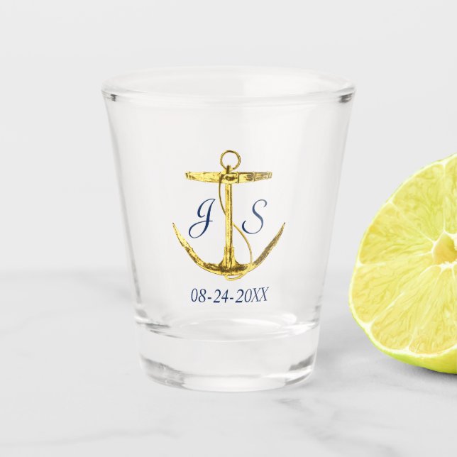 Verre A Shot Ancre d'or et Mariage de monogramme bleu marine (Devant)
