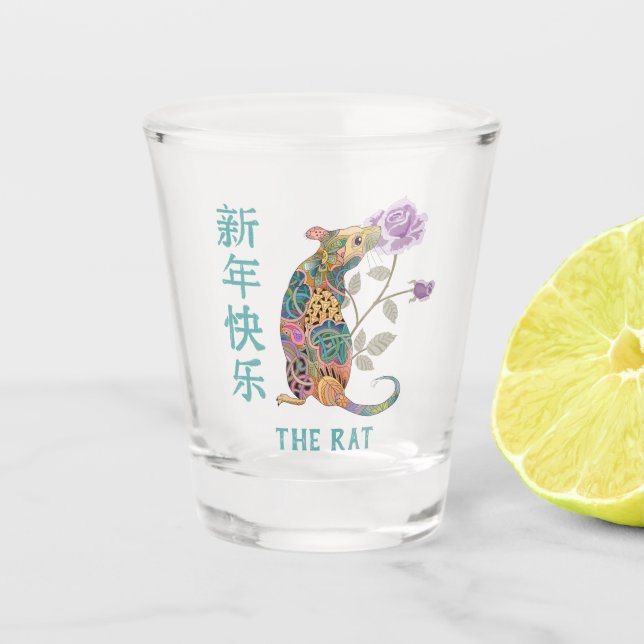 Verre A Shot Année Motif Abstraite du rat avec Rose (Devant)