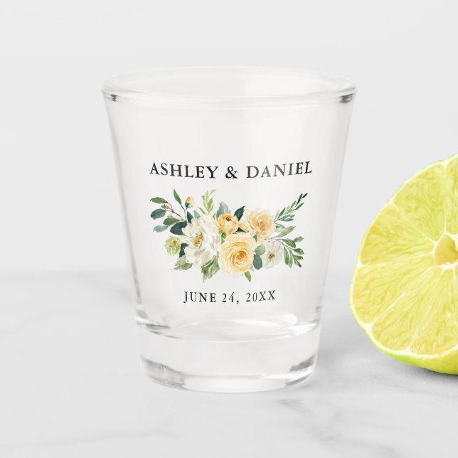 Verre A Shot Aquarelle Jaune Blanc Floral Mariage (Devant)
