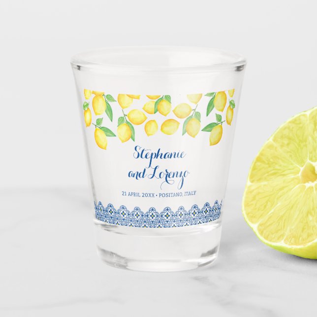 Verre A Shot Aquarelle jaune Citrons Bleu Carrelage méditerrané (Devant)