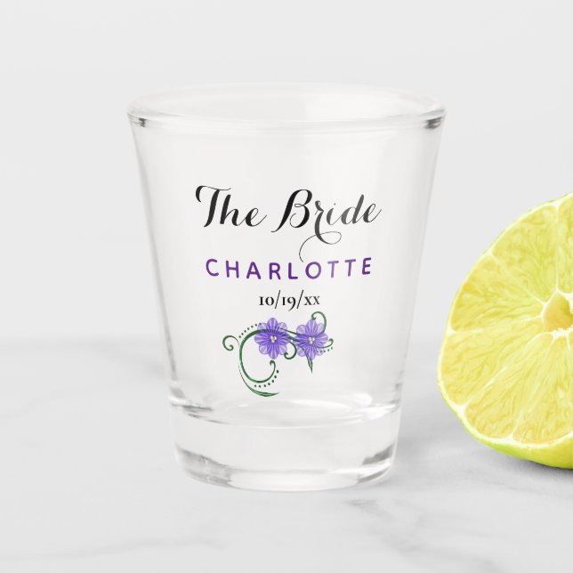 Verre A Shot Bachelorette Mariage mariée Fleurs violettes (Devant)